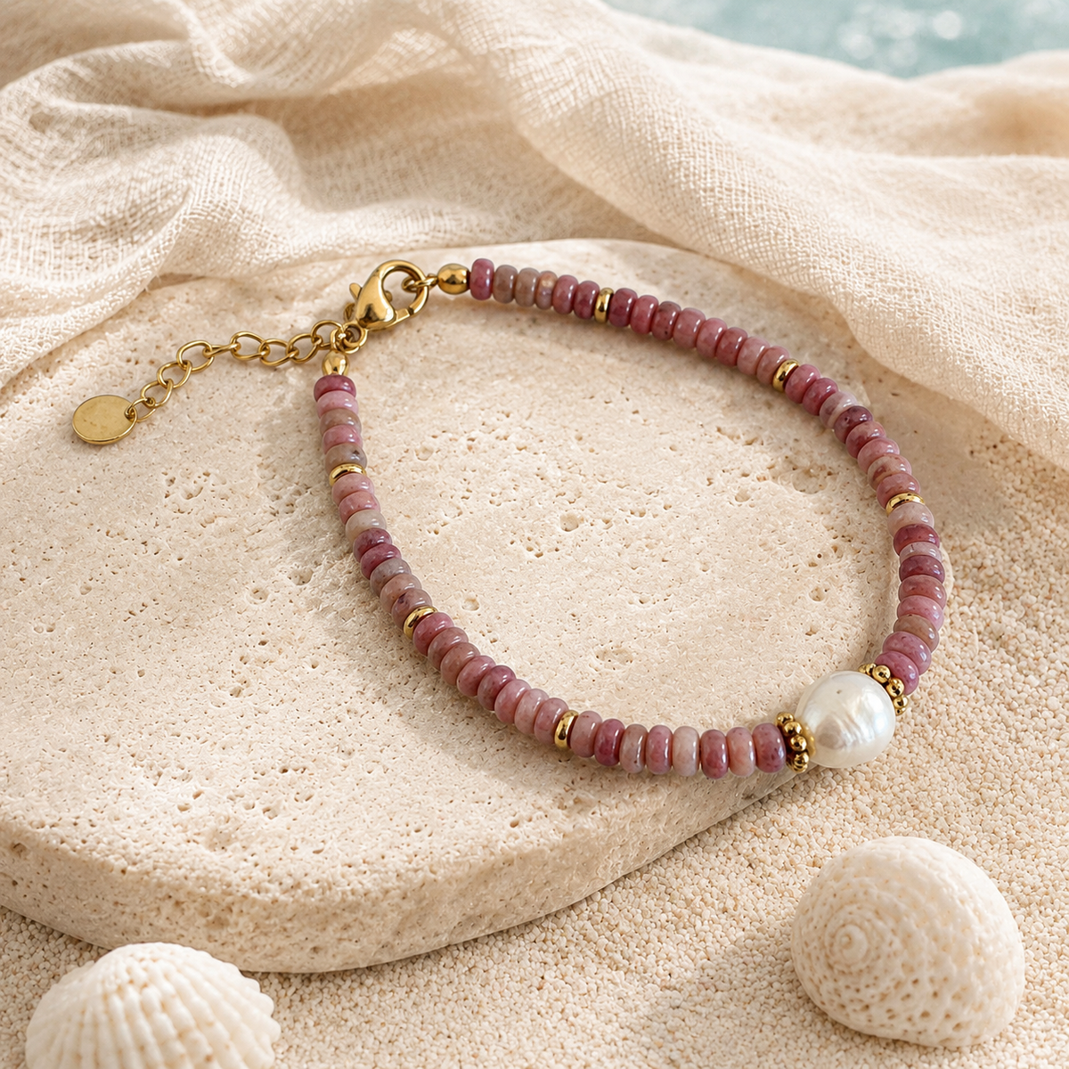 Pink Rhodonite Freshwater Pearl & Natural Stone Bracelet